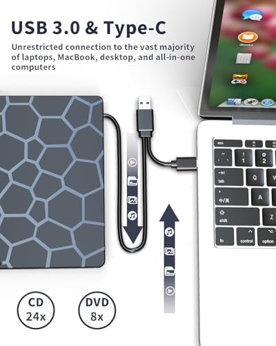 External CD DVD Drive,8 in 1 USB 3.0 and Type-C Disc Reader Writer Burner Player,Slim and Portable CD DVD +/-RW Optical Drive for PC Laptop Desktop MacBook Mac Windows Linux OS Apple (8 in 1)