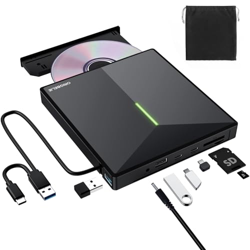 External CD/DVD Drive for Laptop, USB 3.0 DVD Player with 4 USB Ports & 2 TF/SD Card Slots, Portable CD/DVD +/-RW Drive Burner Reader Writer for Desktop PC Windows 11/10/8/7 Linux Mac OS