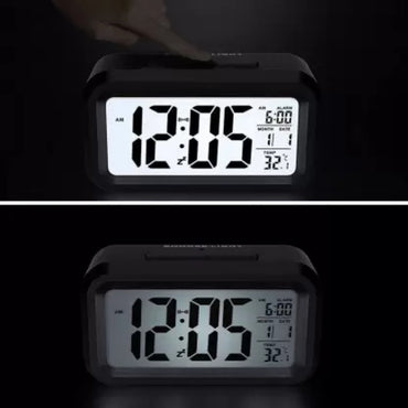 Smart Night Light Plastic Digital Alarm Clock with Date & Indoor Temperature, Battery Operated Desk Small, Clear LCD Display Automatic Sensor (Black)