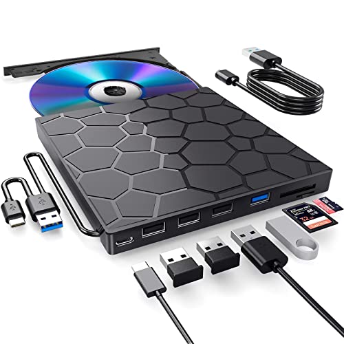 External CD/DVD Drive for Laptop, DVD Player for Laptop, 8 in 1 USB 3.0 Ultra-Slim Portable, CD Burner External Disk Drive Optical Compatible with Desktop Mac,Windows 11/10/8/7 Linux