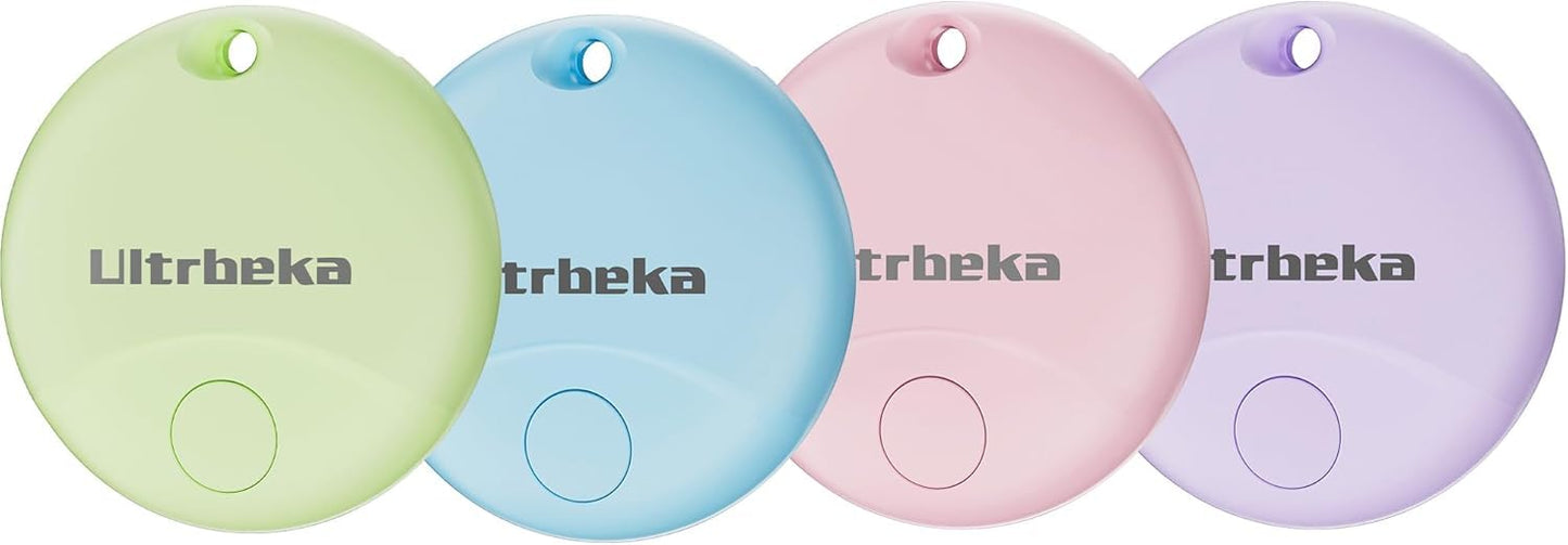 Ultrbeka Tracker 4 Pack Bluetooth Item Finder for iPhone – MFi Certified Smart Tracker Compatible with Apple Find My, Replaceable Battery, IP67 Waterproof Key Finder for Keys, Wallet, Luggage