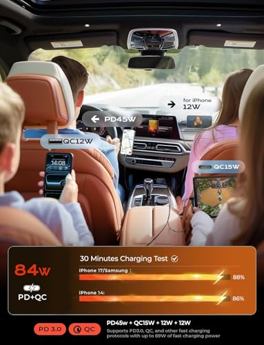LISEN Retractable Car Charger, 84W Car Charger USB C Fast Charge, 4 in 1