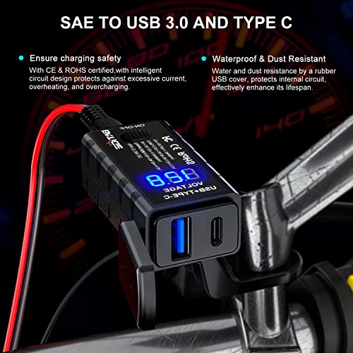 Motorcycle USB Charger SAE to USB Adapter Type C and Quick Charge USB 3.0 with Voltmeter, ON/Off Switch and 3.6FT SAE Extension Cable Waterproof 3 Install Options for GPS Smartphone Camera