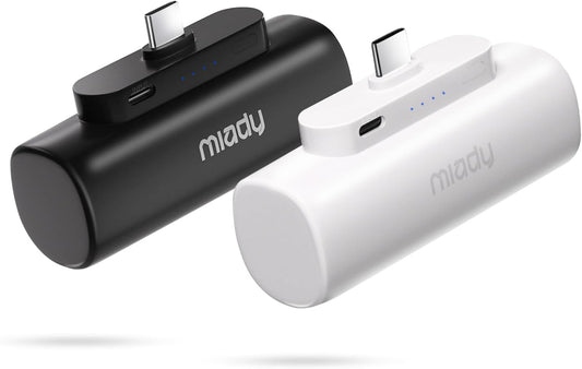 Miady 2-Pack 5000mAh Mini Portable Charger with Built-in Type C Connector, 5V 2.4A USB-C Output Fast Charging Small Power Bank, Compact Battery Pack Compatible with iPhone 17/16/15 Galaxy S24/S22 iPad