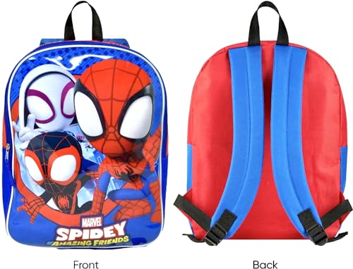 Spiderman Backpack for Boys 4-8yrs w/Padded Straps & Large Compartment - Kindergarten Backpack for Boys, Includes Spidey Water Bottle, 3D Puffy Stickers & More - Toddler Spiderman Backpack, Medium