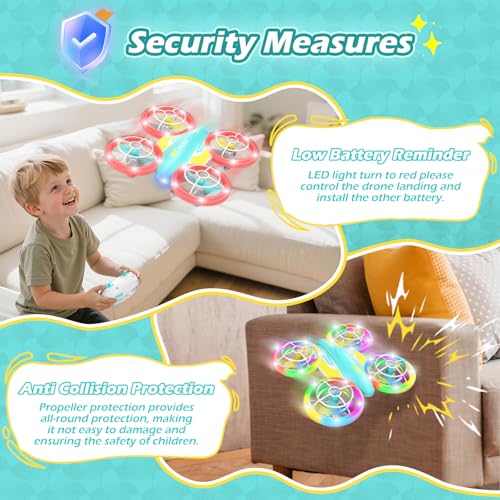 LED RC Drone for Kids 6+, Christmas Birthday Gift for Boys & Girls with Remote Batteries, 360° Flips, 3 Speed Modes, 45 Min Flight Indoor and Outdoor Flying Toy - Blue Yellow