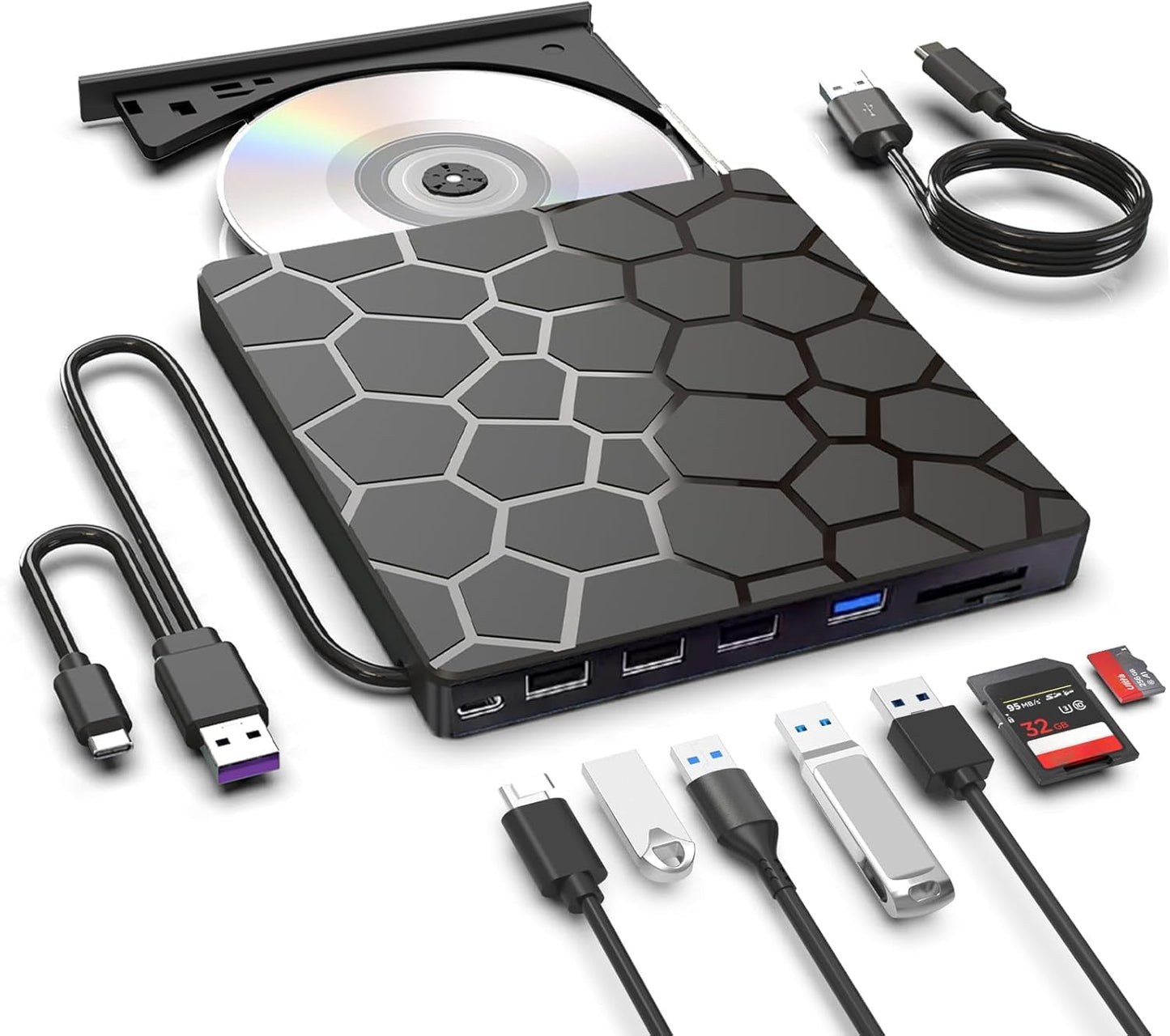 External CD DVD Drive,8 in 1 USB 3.0 and Type-C Disc Reader Writer Burner Player,Slim and Portable CD DVD +/-RW Optical Drive for PC Laptop Desktop MacBook Mac Windows Linux OS Apple (8 in 1)