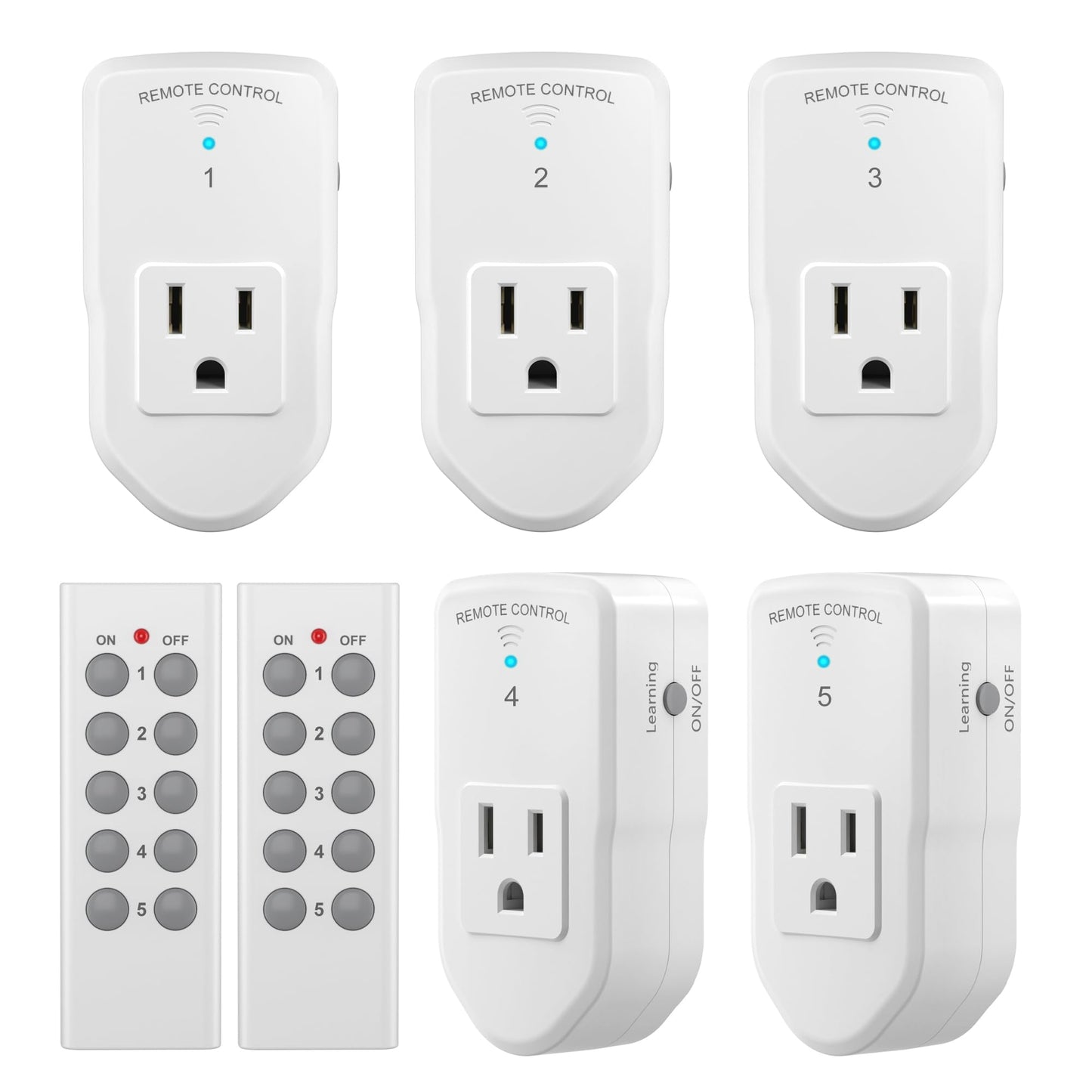 BN-LINK Wireless Remote Control Outlet Electrical Switch for Lights, Fans, Christmas Lights, Small Appliance, 100ft Long Range White (Learning Code, 5Rx-2Tx) 1200W/10A, ETL & FCC Certified