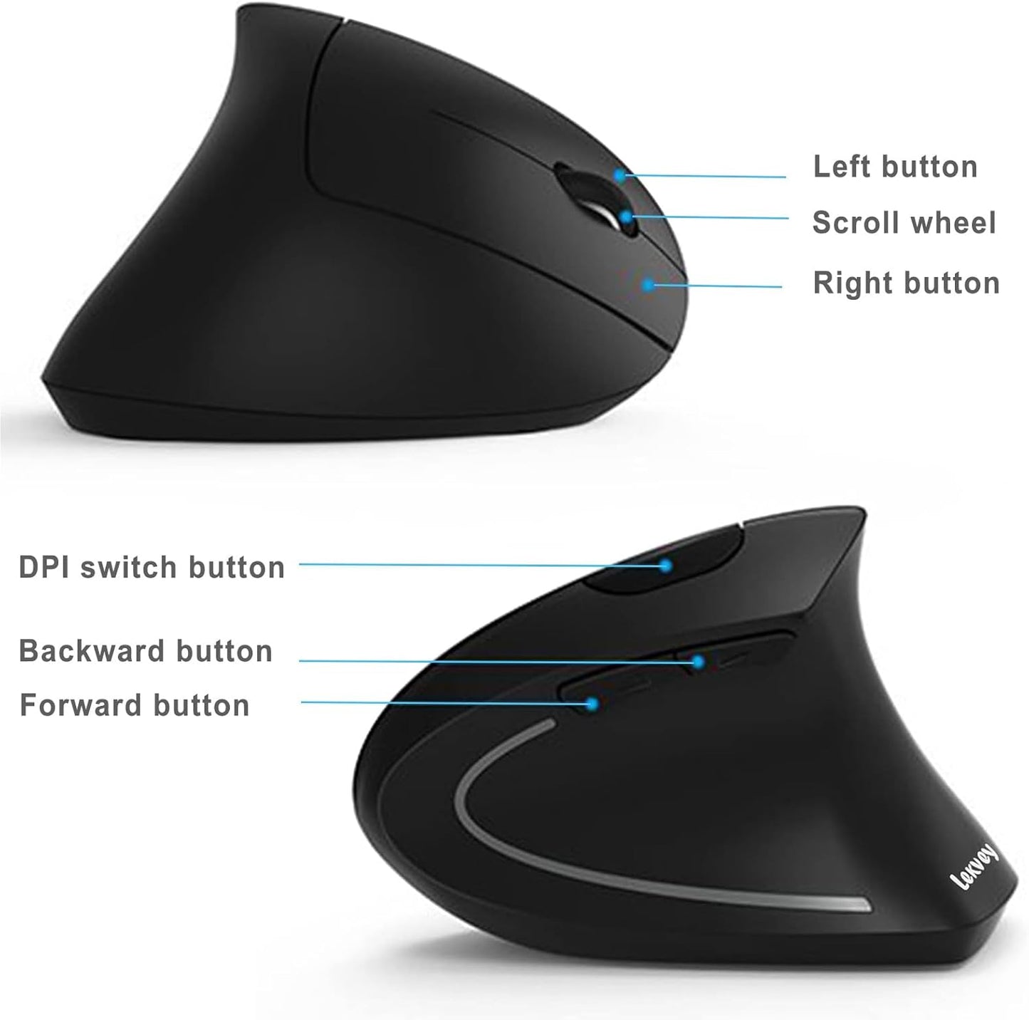 Ergonomic Mouse, LEKVEY Vertical Wireless Mouse - Rechargeable 2.4G Optical Vertical Mice : 3 Adjustable DPI 800/1200/1600 Levels 6 Buttons, for Laptop, Mac, PC, Computer, Desktop, Notebook etc, Black