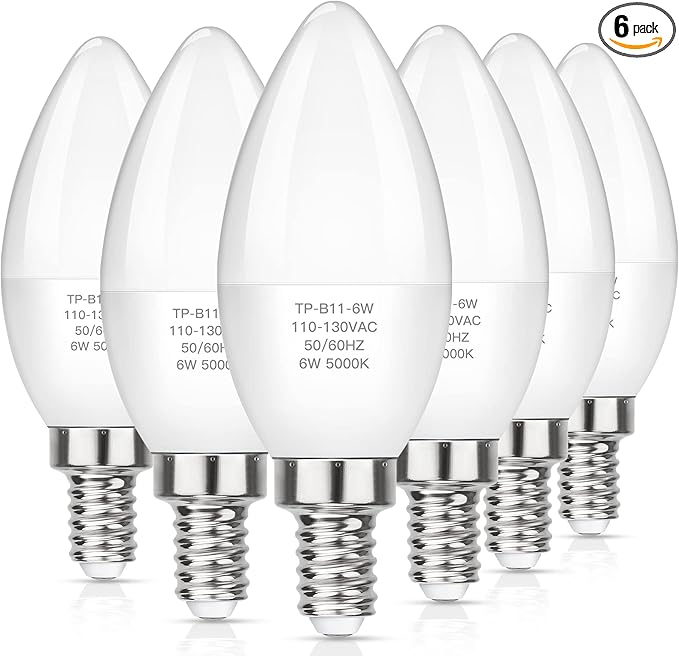 MAXvolador E12 LED Candelabra Light Bulbs 60W Equivalent, Daylight White 5000K 600 Lumen Chandelier Bulb, 6W B11 Candle Base, Non-Dimmable, Pack of 6