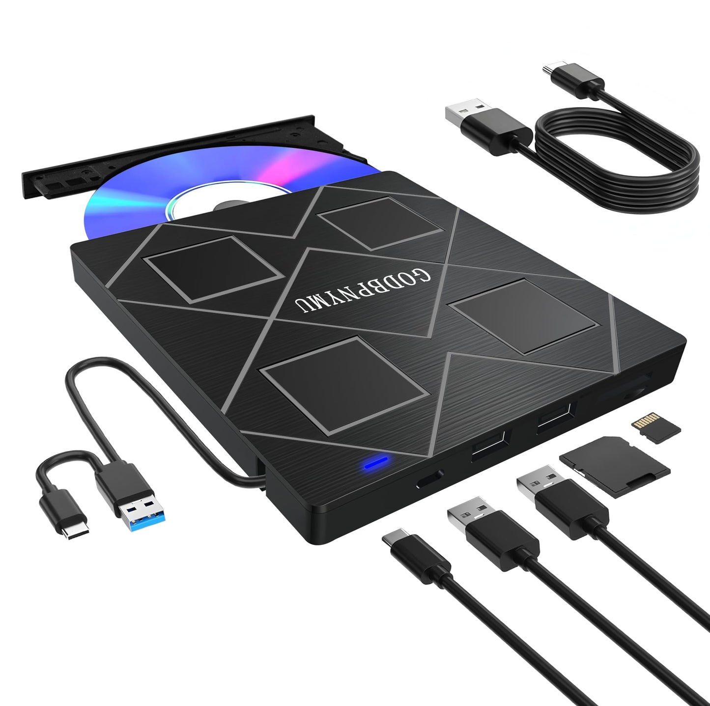 5-in-1 Extemal CD/DVD Drive for Laptop,USB 3.0 & Type-C Portable CD/DvD Rw Burner with SD/TF Card Reader &DVD-ROM Rewritable Player,Compatible with Laptop Pc Desktop, Windows11/10/8/7 Linux Mac os
