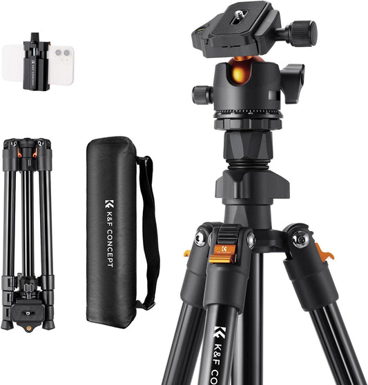 K&F CONCEPT 64 inch/163 cm Camera Tripod,Lightweight Travel Outdoor DSLR Tripods with 360 Degree Ball Head Load Capacity 17.6 lbs/8 kg,Cellphone Clip for Smartphone Live Streaming Vlog O234A1+BH-36