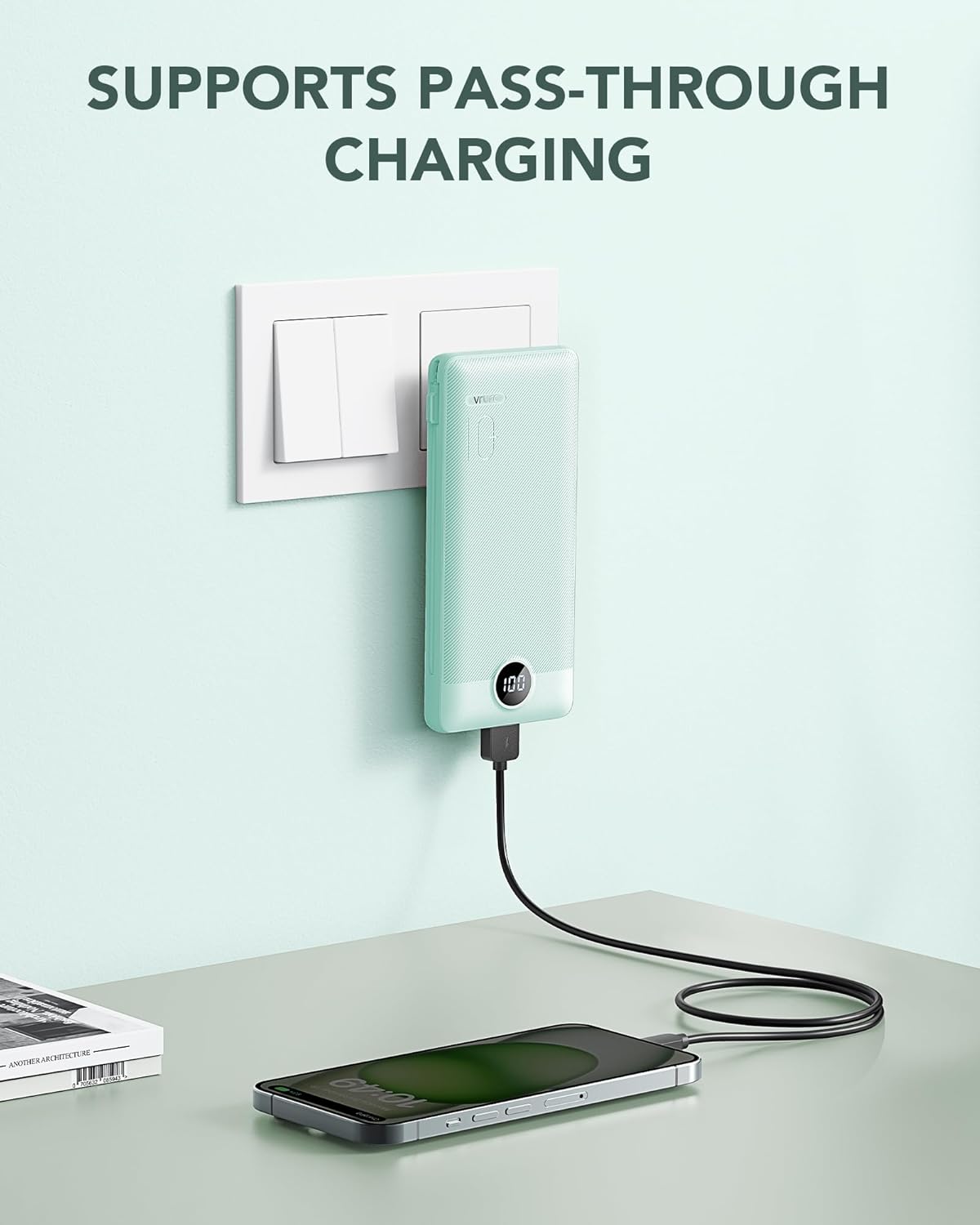 VRURC Portable Charger Built-in Cables and AC Wall Plug, USB C Power Bank 10000mAh, Travel Battery Portable Phone Charger Compact Lightweight External Battery Pack for Smart Phones, Tablets etc-Green