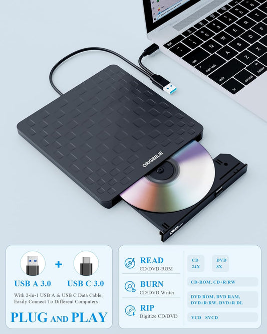 ORIGBELIE External CD DVD Drive for Laptop, USB 3.0 Type-C Ultra Slim 13mm DVD Player Portable CD DVD +/-RW Drive CD Burner Reader Writer Recorder for Desktop PC Windows 11/10/8/7 Linux Mac OS (Black)