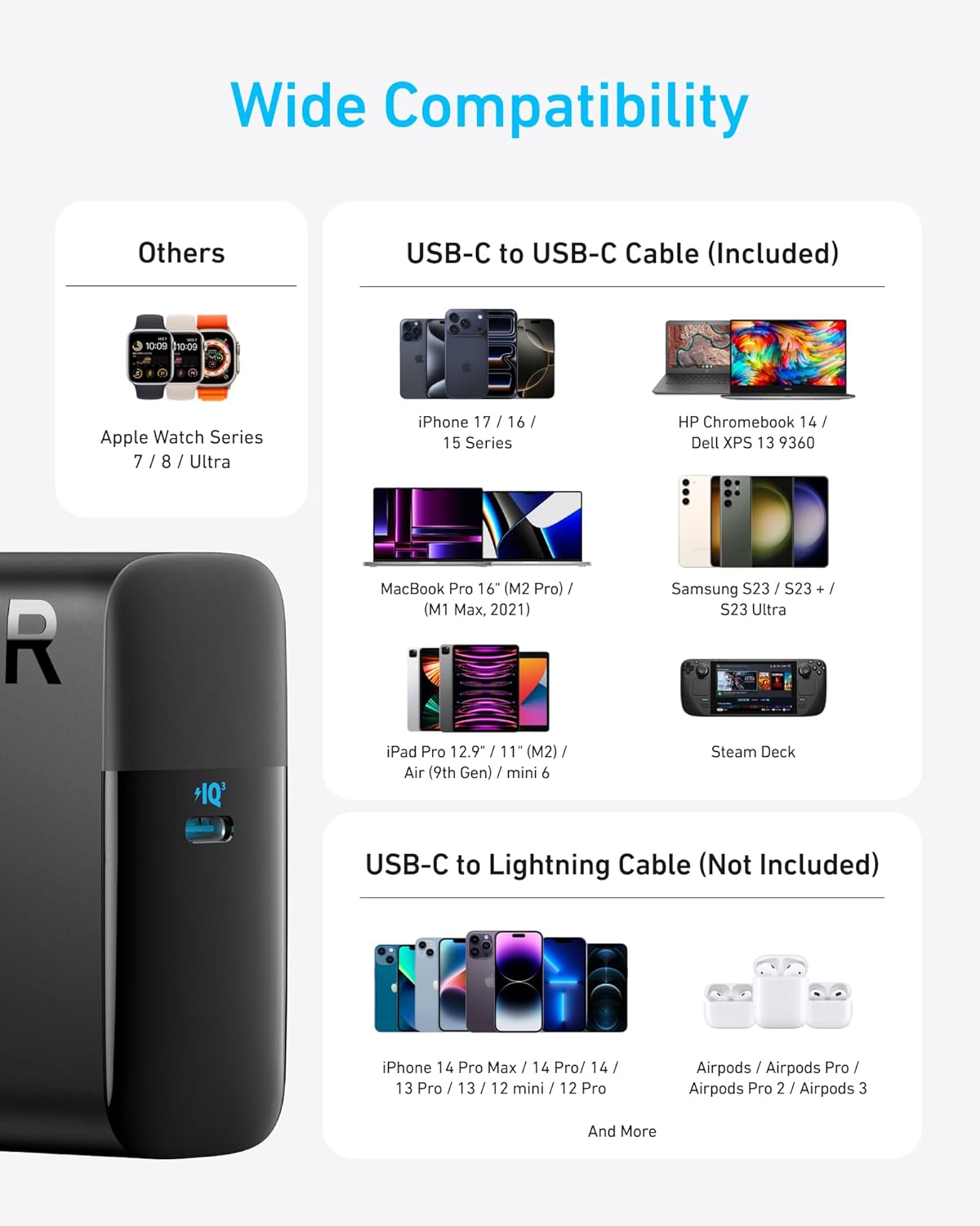 Anker MacBook Charger, Compact and Foldable 100W USB C Charger for MacBook Air, Samsung Galaxy, iPhone 17/16 Series, iPad Pro, and More, 5FT USB C Cable Included