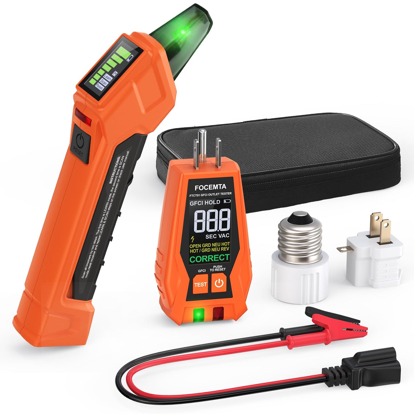 Circuit Breaker Finder Kit with GFCI Outlet Tester for 90-135V AC Circuits,includes Light Socket Adapter, 3-2 Prong Grounding Adapter & Clip adapter,Portable Electrical Tool with Carrying Case