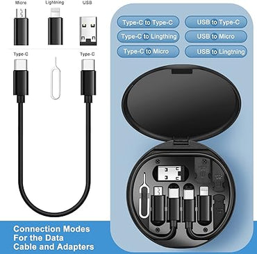 Mini Multi-Functional Fast Charging Data Cable Set for Apple, Android, Type C Charging with Retrieve Card Pin,Round,Compact and Portable USB Data Cable Storage Box Travel Cable Set