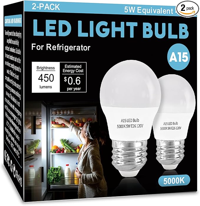 LED Refrigerator Light Bulb 2 Pack,Daylight White 5000K 120V 40W Equivalent Appliance Bulb,A15 5W E26 Base Waterproof Fridge Light Bulbs for Freezer Home Lighting,Small Light Bulb,Dimmable