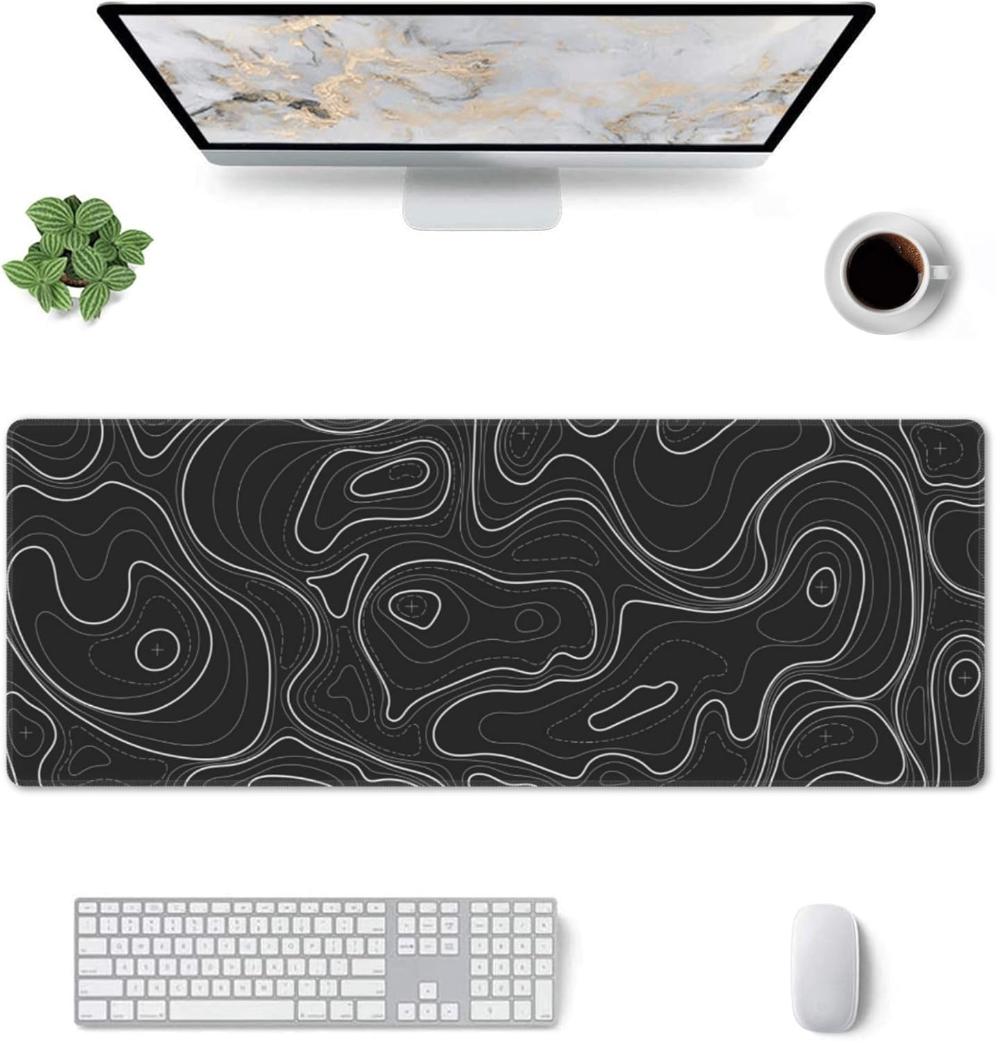 Large Gaming Mouse Pad Black Topographic Contour Mouse Pad Extended XL Long Mousepad Big Desk Mat with Stitched Edges & Nonslip Rubber Base for Company Office Work, 31.5 X 11.8 Inch