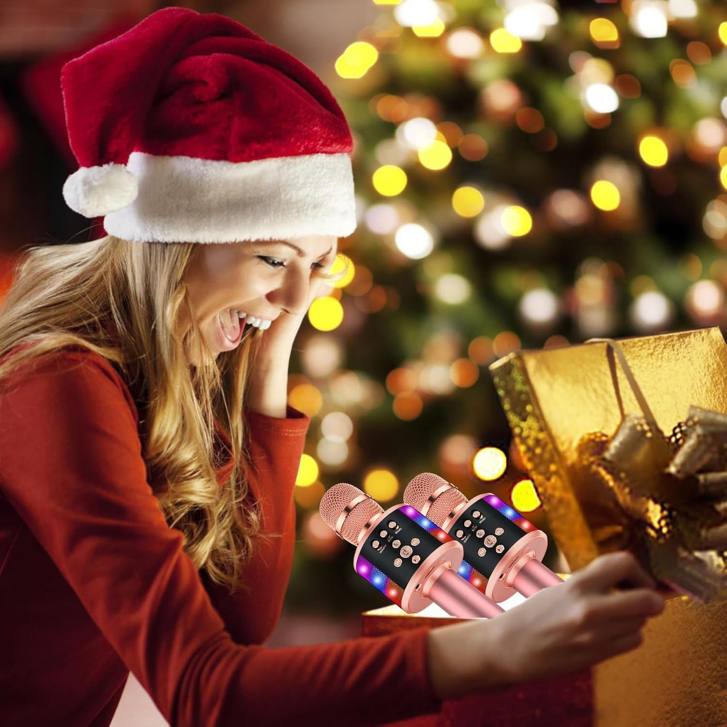 BONAOK Karaoke Microphone for Kids & Adults - Bluetooth Microphones Singing Mic with Disco Lights, Echo Effect, Built-in Speaker Portable Karaoke Player for Party Travel Gifts Q78(Rose Gold)