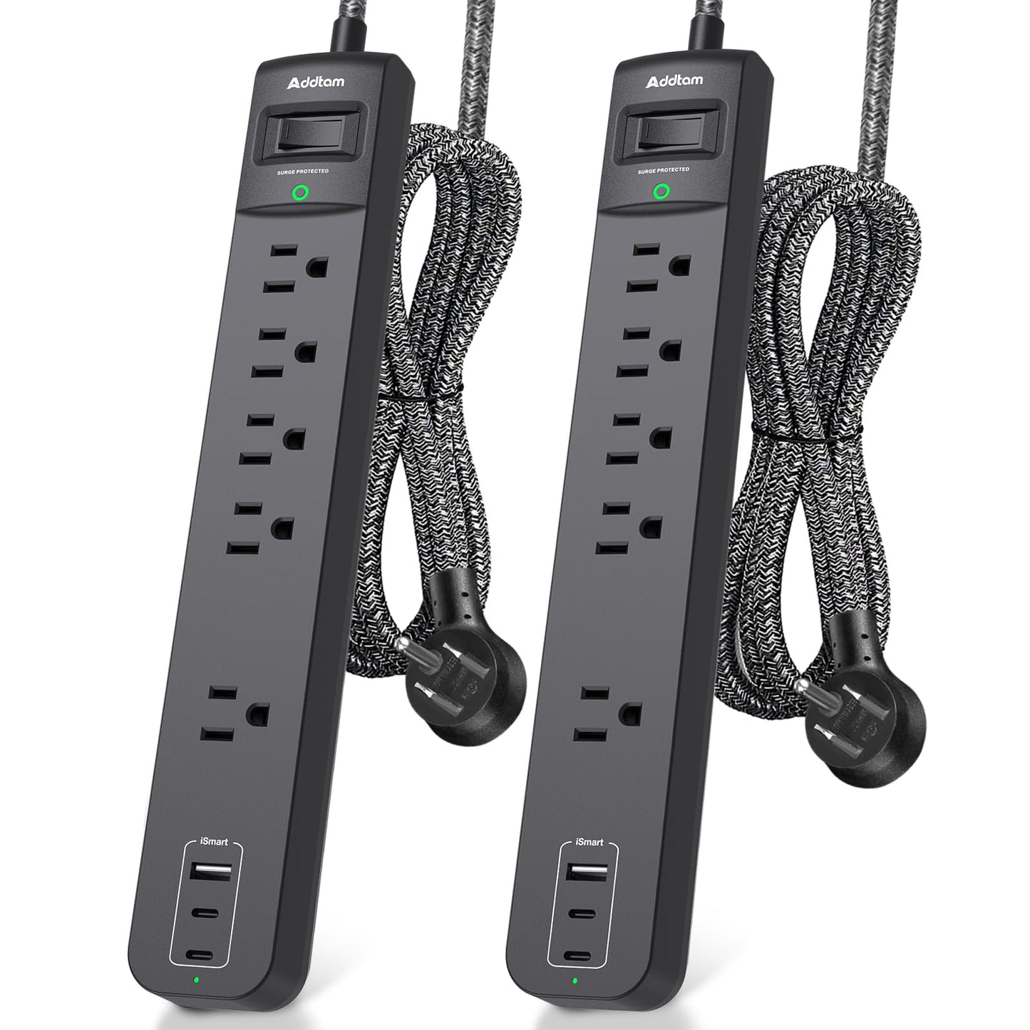 2 Pack Surge Protector Power Strip – 5 Wide Outlets, 3 USB Ports, 6FT Braided Cord, Flat Plug, 15A