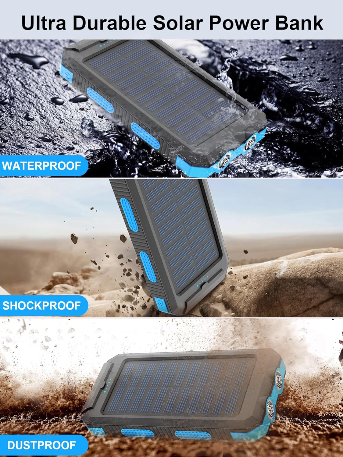 Solar Charger, 38800mAh Solar Power Bank, Waterproof External Backup Battery Power Pack with USB C Input/Output/LED Flashlights Compatible with iPhone, Samsung, iPad, Suitable for Outdoor, Camping