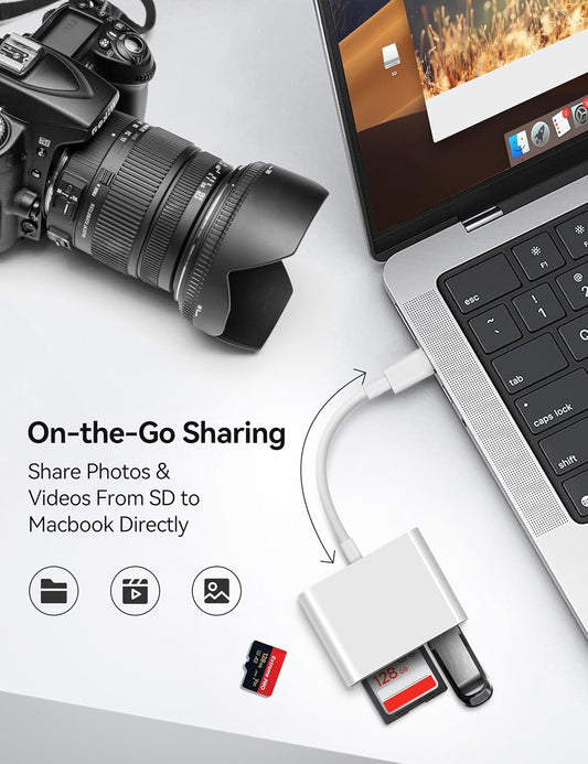MujuDoler USB C SD Card Reader for iPhone 15 16 iPad Mac 3 in 1 USB-C Memory Trail Camera Card Adapter with Dual Slots & USB Port for Mac MacBook Pro/Air/Mini Android Laptop More USBC Typec Devices
