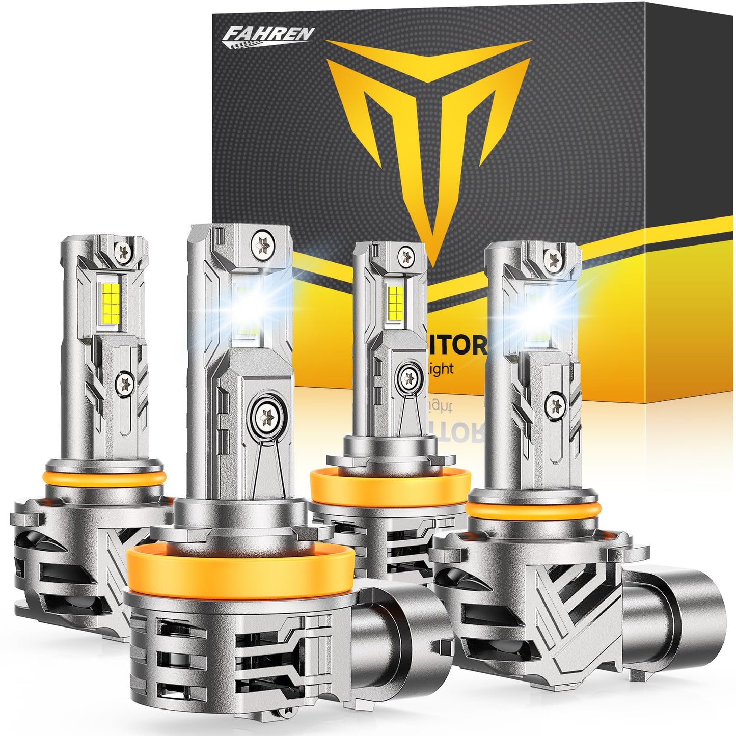 FAHREN Upgraded H11/H9/H8 9005/HB3 light Bulbs combo, πππ,πππππ ππππ% Brighter 6500K with Cooling Fan H11 9005 Bulbs, 1.1 Mini Size H9 HB3 Lights Kit, CANBUS Ready Plug And Play, Pack Of 4