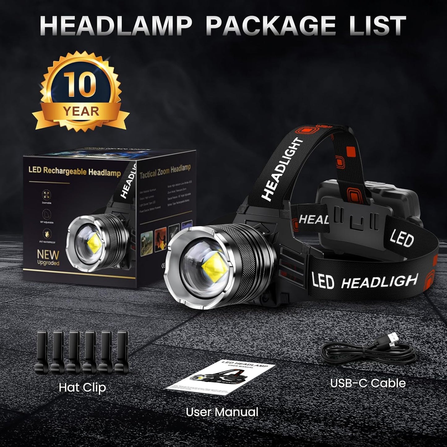 AKNEAR LED Rechargeable Headlamp 99000 High Lumens, 95 Hours Endurance Head Lamp with Zoomable & 12 Modes & IPX7 Waterproof & 125ยฐ Adjustable, Super Bright Head Light for Outdoor, Camping, Hard Hat