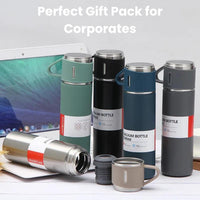 Vacuum Flask Set with 2 Cups, Insulated Double Wall Stainless Steel 500ml Tea Coffee Thermal Flask with 3 Cups, Hot and Cold Bottle, Corporate Gifts for Employees