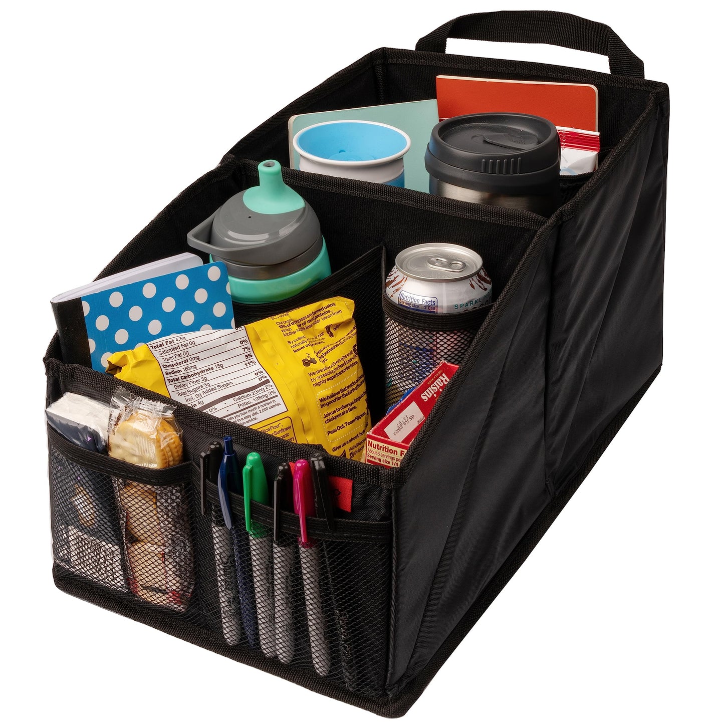 Lusso Gear Car Seat Organizer - Built-In Car Cup Holders & Mesh Pockets - Foldable Back Seat Organizer with Handles - Kids Road Trip Essentials - 9 Compartments, Black Oxford