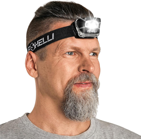 Foxelli LED Headlamp Flashlight for Adults & Kids, Running, Camping, Hiking Head Lamp with White & Red Light, Comfortable Headband, Lightweight & Waterproof, 3 AAA Batteries