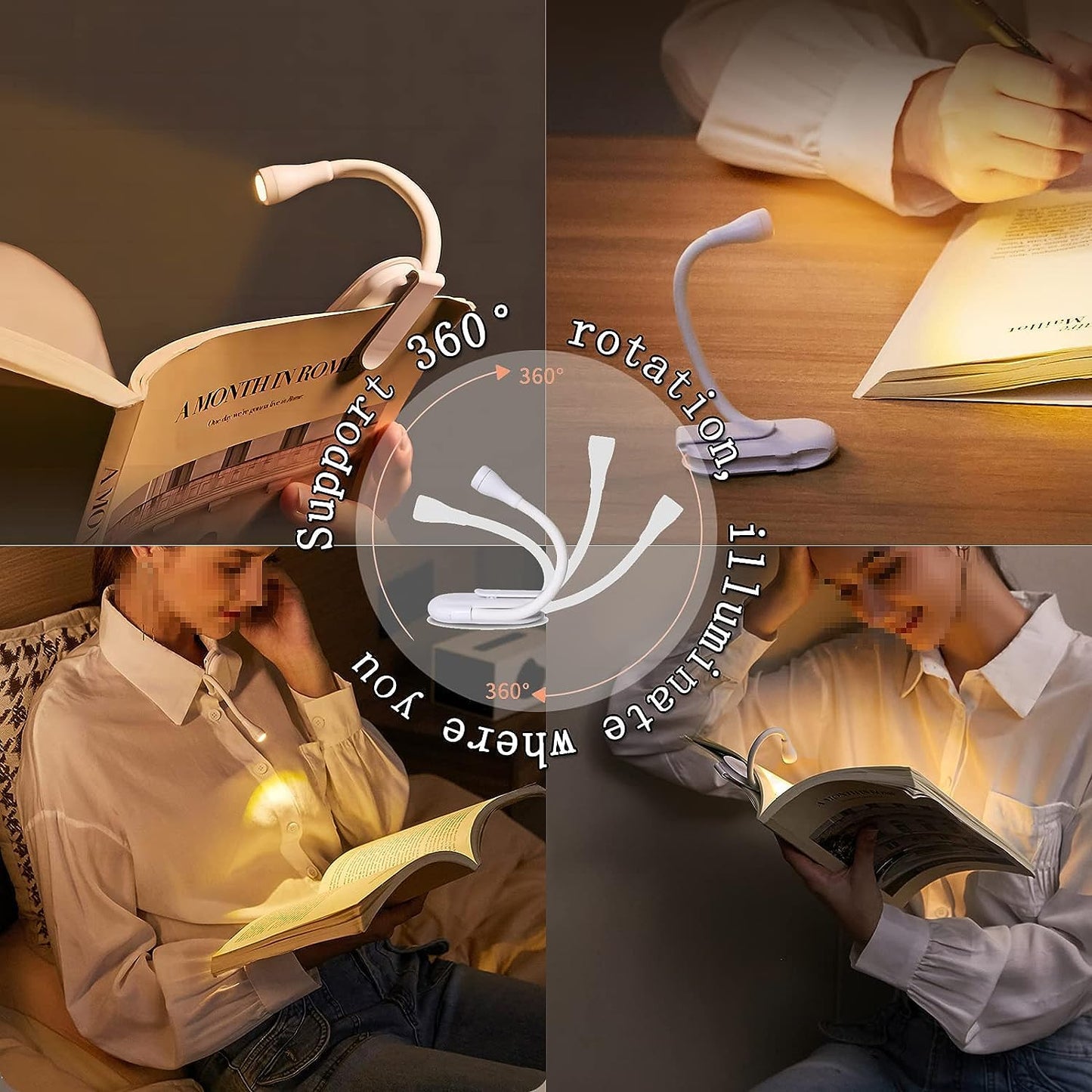 Book Light for Night Reading, Reading Light, Book Reading Light with Clip, Christmas Gifts, USB Rechargeable, 3 Modes, Portable, Eye Caring - White