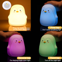 Penguin Night Light, Led Cute Cartoon Silicone Cartoons Lamp Touch Sensor Colorful Light Bedroom Bedside Night Light for Children Kids