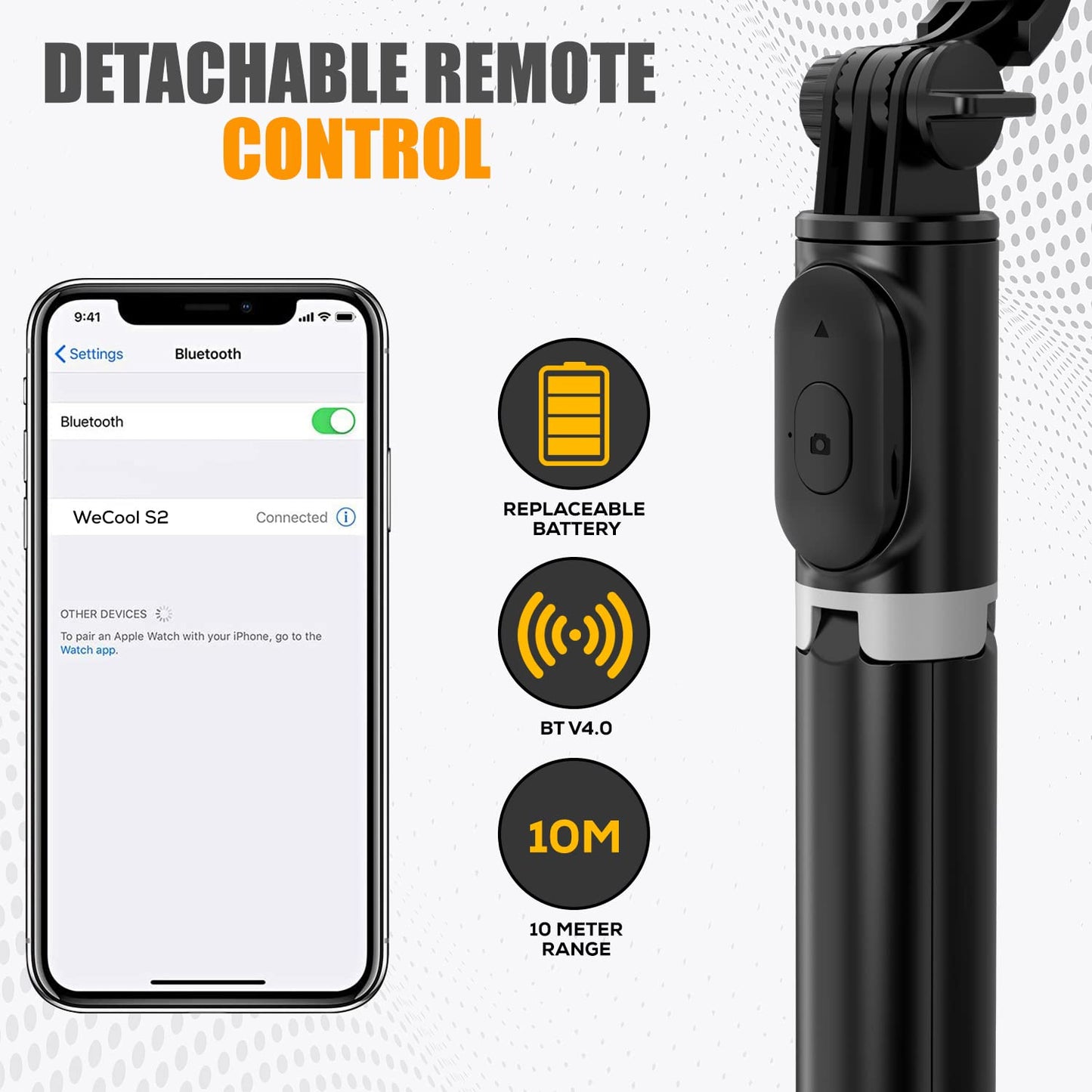 Bluetooth Extedable Selfie Stick with Wireless Remote,103 Cms Long Selfie Stick,Detachable Mobile Holder,Adjustable,Compatible for iPhone/OnePlus/Samsung/Vivo/Oppo and All Smartphone
