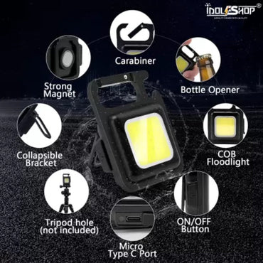 LED Mini COB Flashlights 1000 High Lumens Bright Keychain Flashlight Portable USB Rechargeable Light 3 Light Modes with Folding Bracket,Bottle Opener for Fishing Walking Camping (61mm x 45 mm)