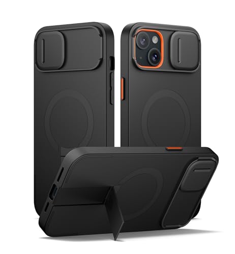 SURITCH for iPhone 14 Plus/15 Plus Case with Magnetic Camera Slide Cover and Adjustable Kickstand, Compatible with MagSafe, Shockproof Bumper Case Slim Protective Cover 6.7 Inch, Black