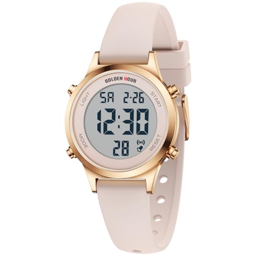 GOLDEN HOUR Waterproof Women's Digital Sports Watches with Silicone Strap, Alarm Calendar Stopwatch Chronograph 32mm Rose Gold Case