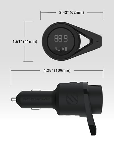 Scosche BTFM9 FM Bluetooth Transmitter Car, Dual 12W USB-C and USB-A Charging Ports, Fast Type C Car Charger, Wireless Radio Bluetooth Adapter, Hands-Free Kit for Calls, Siri and Google Assistant