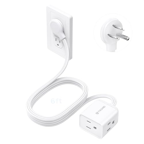 TROND Flat Extension Cord 6 Feet - Right Angled Flat Plug Power Strip, ETL Listed, 3 Plug Extension Outlets, Three Prong, SPT 16/3 Gauge, 13A, Small for Indoor Home Office Cruise Ship Travel, White