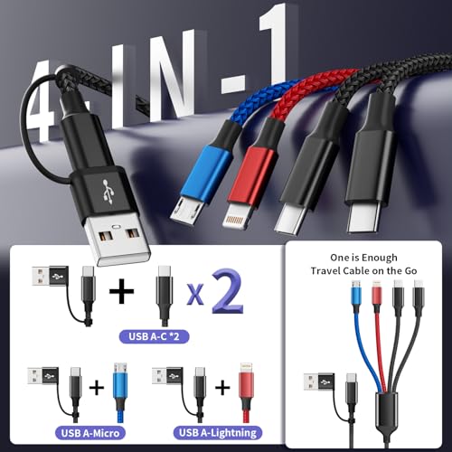 Dual Type-C Ports 4 in 2 Multi Charging Cable, Travel Cruise Essentials USBA/C Charging Cords for Multiple Devices, Phone Charger Cord for iPhone17-12/Androids/Pad and More, Car Charger(2Pcs, 5FT)