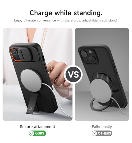 SURITCH for iPhone 14 Plus/15 Plus Case with Magnetic Camera Slide Cover and Adjustable Kickstand, Compatible with MagSafe, Shockproof Bumper Case Slim Protective Cover 6.7 Inch, Black