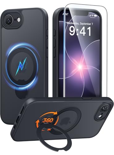 FNTCASE for iPhone 17e Case: iPhone 16e Phone Case [360 Spin Magnetic Stand] [Compatible with Magsafe] [Screen Protector] Translucent Matte Military Grade Shockproof Protective Phone Cover Black