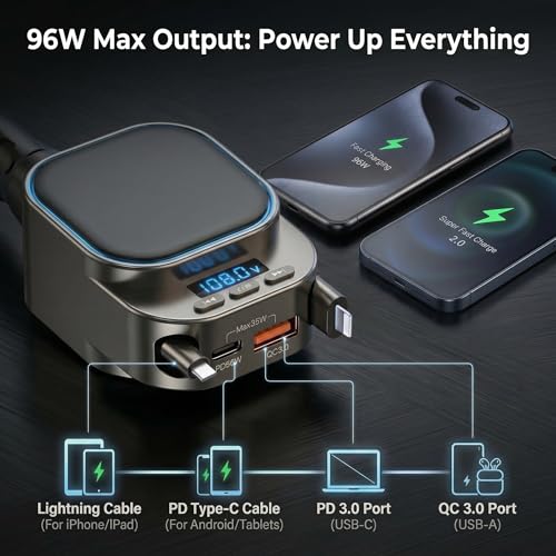 Bluetooth Car Adapter FM Transmitter, 96W Retractable Charger, 4-in-1 Bluetooth 5.3 USB C Aux Adapter for Music & Hands-Free Calls, Wireless Radio Receiver for iPhone 17 16 15 SUV Truck RV