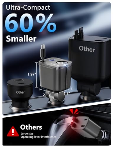 4 in 1 Retractable Car Charger, [60% Smaller] 145W USB C Cigarette Lighter Adapter, Socket Splitter with Retractable Cable&USB-C/A Port, 12V/24V Fast Charging Car Phone Charger for iPhone 17 Pro Max