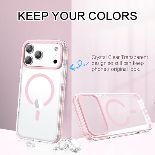 BENTOBEN Magnetic for iPhone 17 Pro 6.3" Case, Compatible with Magsafe Military Shockproof Protective Cute Transparent Slim Anti-Yellowing Phone Case for iPhone 17 Pro Cover, Clear Pink
