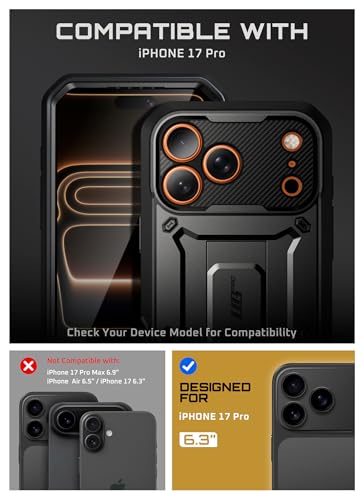 SUPCASE for iPhone 17 Pro Case with Camera Control Button (Unicorn Beetle Pro), [Built-in Kickstand & Screen Protector] [Military-Grade Protection] Full Body Heavy Duty Phone Case, Black
