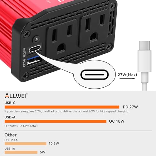 ALLWEI 300W Power Inverter 12V DC to 110V AC Car Inverter with 27W PD USB-C &18W USB-A Fast Charging, Car Charger Cigarette Lighter Adapter for Phone, Laptop and Small Devices on Road Trip-Red