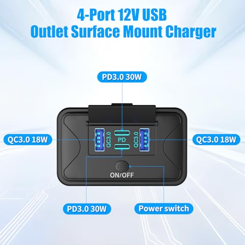 2 Pack 78W 4 Port 12V USB Outlet Wall Mount, Dual 36W PD & Dual 18W QC3.0 Lightweight Surface Mount Charger Socket Panel with Button Switch for Bus RV Truck Marine Golf Cart