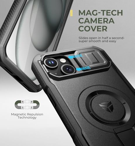 Dexnor for iPhone 15 Plus/14 Plus Case with Slide Camera Cover & Adjustable Kickstand & Built-in Screen Protector, Magsafe Rugged Shockproof Bumper Cases Heavy-Duty Magnetic Protective Cover,Black